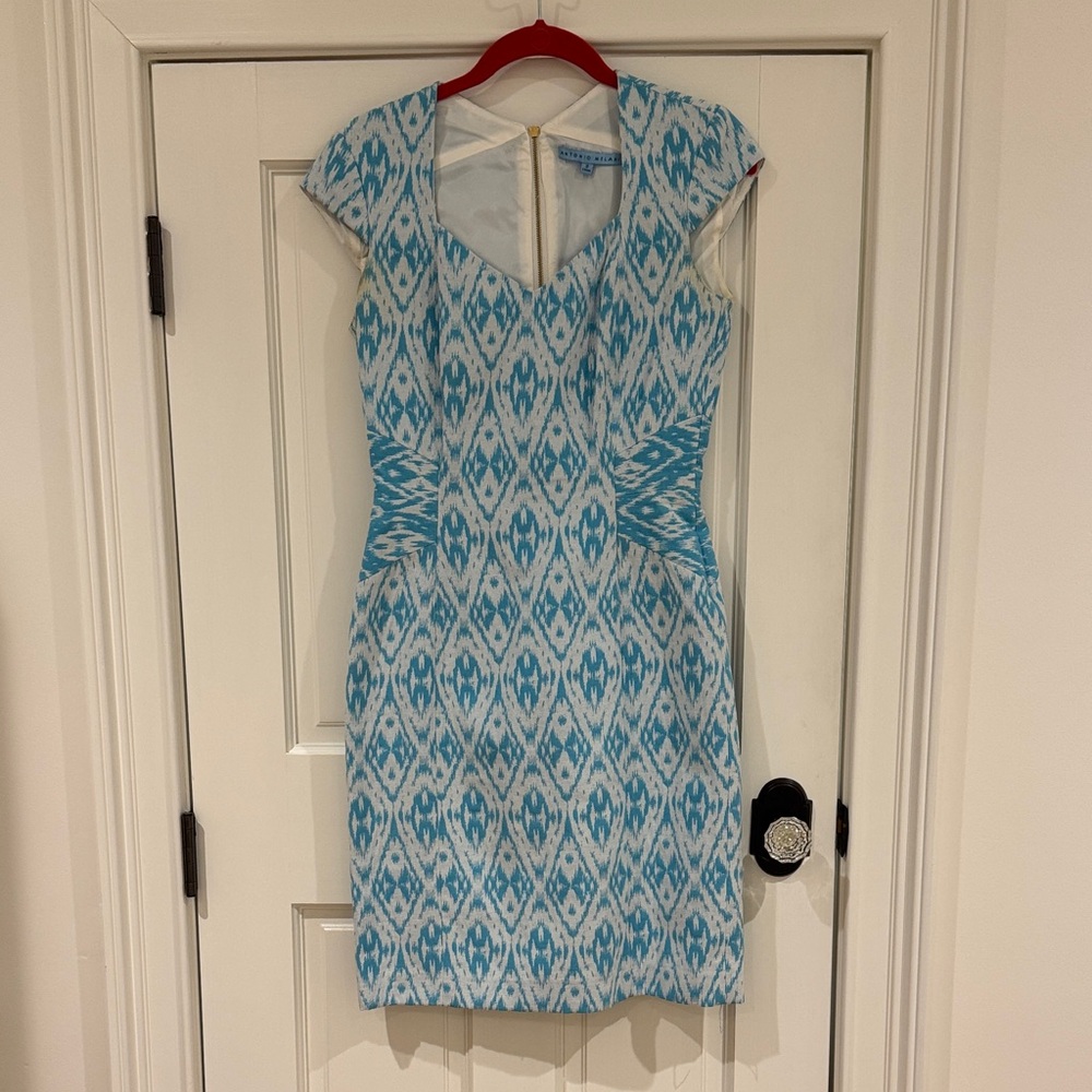 Antonio Melani | Blue/Turquoise/White Ikat Sheath Dress | Cap Sleeve Fitted | 2
